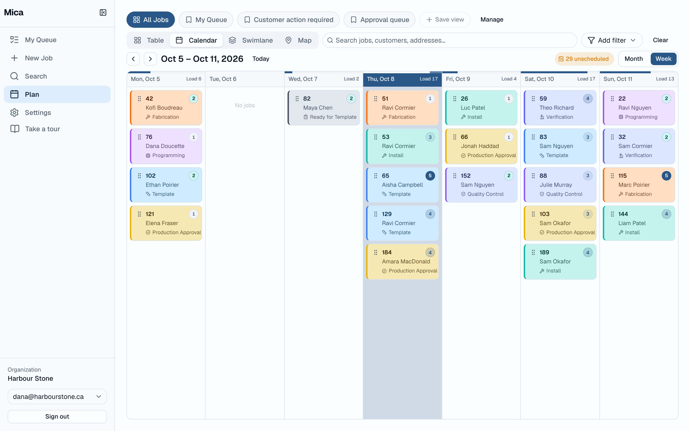 Plan calendar showing a week of jobs with daily load totals